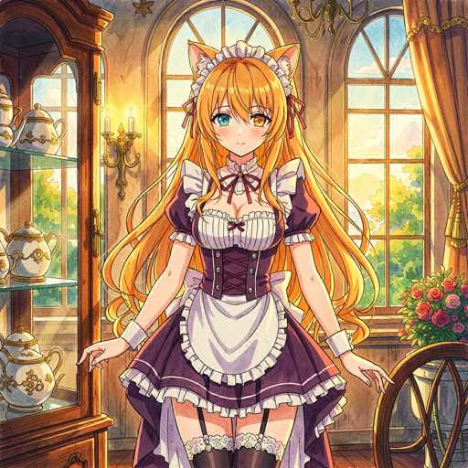 A cute anime girl in a maid outfit stands in a cozy, sunlit room. She has long, flowing orange hair with cat ears and a frilly white apron. Her expression is gentle and inviting, and she's looking directly at the viewer with large, expressive eyes. The room is filled with warm light and a touch of fantasy, featuring antique-style furniture like a china cabinet and a decorative window. The overall style is detailed and charming, with soft colors and a slightly vintage aesthetic.
