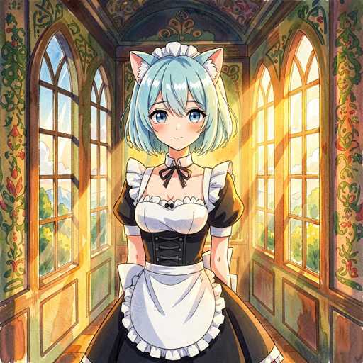 A cute anime girl in a maid outfit stands in front of large, ornate windows. The girl has short, light blue hair with cat ears and big, expressive blue eyes. She's wearing a black and white maid outfit with a frilly apron and a bow. The windows are decorated with intricate patterns and let in warm sunlight, creating a bright and inviting atmosphere.