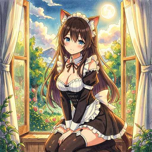 A cute anime girl in a maid outfit is sitting at a window, looking out. She has long brown hair with cat ears and big blue eyes. The maid outfit is dark brown with a white frill, lace, and apron. She's wearing black thigh-high stockings and has a gentle smile on her face. The window is open, letting in sunlight that illuminates the scene. Outside, there's a beautiful view of flowers and a bright sky with fluffy clouds and a full moon. The overall style is detailed and vibrant, typical of anime art.