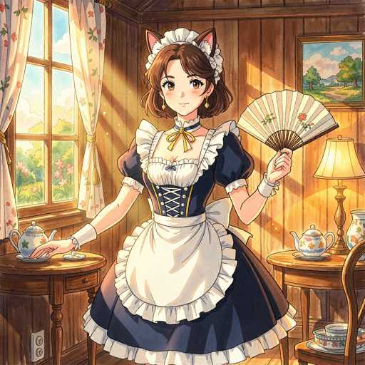 A cute anime-style maid character is shown in a cozy, sunlit room. She's wearing a traditional black and white maid outfit with a frilly apron, lace collar, and puffed sleeves. Her brown hair is styled in a short bob with cat ears attached to her headband, and she's holding a delicate fan. She looks cheerful and is smiling gently. The room has wooden paneling, a window with floral curtains, and a small table with teacups. The lighting is warm and soft, creating a pleasant atmosphere.