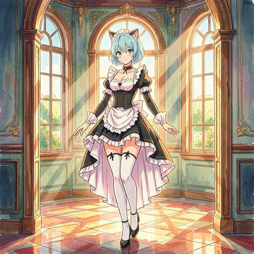 A cute anime girl in a maid outfit stands in a sunlit room, radiating a gentle and welcoming aura. The image is rendered in a soft, painterly style with warm colors and detailed textures. 

Here's a breakdown of the elements:

* **Character:** The girl has short, light blue hair with cat ears and large, expressive eyes. She's wearing a classic maid outfit: a black bodice with lace details, a white apron, and a short skirt. Her expression is serene and inviting.
* **Setting:** She stands in a room with large windows that let in bright sunlight, casting warm rays across the floor. The walls are a soft teal color with ornate gold accents. 
* **Style:** The artwork has a distinct anime aesthetic, with soft shading and detailed textures. The overall color palette is warm and inviting, creating a sense of calm and tranquility. 
* **Mood:** The image evokes a feeling of warmth, serenity, and gentle charm. It's a visually appealing piece that captures the essence of a cute anime character in a beautiful setting.