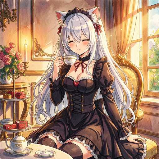 A cute anime girl with long white hair and cat ears is sitting at a table, enjoying tea. She's wearing a dark Victorian-style dress with lace details and a red heart on the chest. She's holding a teacup in her hands, looking content and serene. The background is warm and cozy, with a window showing a soft light and a floral arrangement on the table. The overall style is detailed and charming, with a focus on soft lighting and gentle colors.