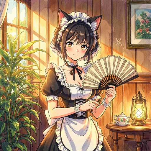 A cute anime-style illustration of a young maid character, wearing a black and white frilly uniform with a cat-ear headband. She's holding an ornate, open fan and looking directly at the viewer with a gentle smile. The background features a warm, cozy room with sunlight streaming in through a window and a small table with a tea set. The overall style is detailed and has a soft, slightly painterly feel.