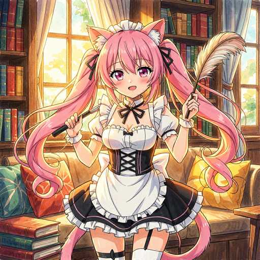 A cute anime girl with long, flowing pink hair and cat ears is sitting in a cozy library. She's wearing a white maid outfit with black accents and a frilly skirt, holding a paintbrush in one hand and a feather brush in the other. She's smiling sweetly, looking directly at the viewer with large pink eyes. The background features a warm, sunlit library with bookshelves filled with books and comfortable pillows. The overall style is vibrant and detailed, typical of anime art.