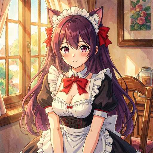 A cute anime girl with long, flowing purple hair and large pink eyes wearing a maid outfit is sitting in a cozy room. She has a white frilly apron, a black bodice with a red bow, and a white lace-trimmed collar. She's wearing a white maid hat with red ribbons on the ears, and her expression is gentle and inviting. The room has warm sunlight streaming in through a window with multiple panes, casting soft shadows on the floor. The background is slightly blurred, focusing attention on the girl's face and outfit.
