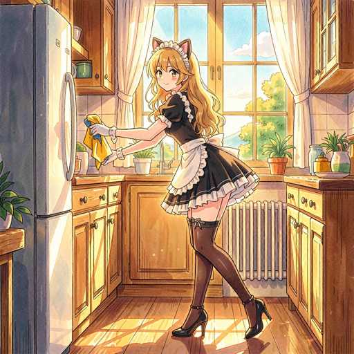 A cute anime girl in a maid outfit is diligently cleaning a kitchen. She's holding a yellow cloth and wiping the stainless steel refrigerator, her expression focused but gentle. The kitchen is cozy with wooden cabinets, a window letting in bright sunlight, and potted plants adding a touch of greenery. The overall style is detailed and warm, with soft lighting creating a pleasant atmosphere.