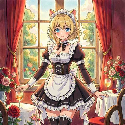 A cute anime girl in a maid outfit, standing in a cozy room with a window and flowers. She has blonde hair, blue eyes, and is wearing a black and white maid outfit with a cat-ear headband. She's holding two wine glasses, one in each hand, and looking at the viewer with a gentle smile. The room is decorated with red curtains, white tablecloths, and roses in vases. The overall style is soft and detailed, with a warm color palette.