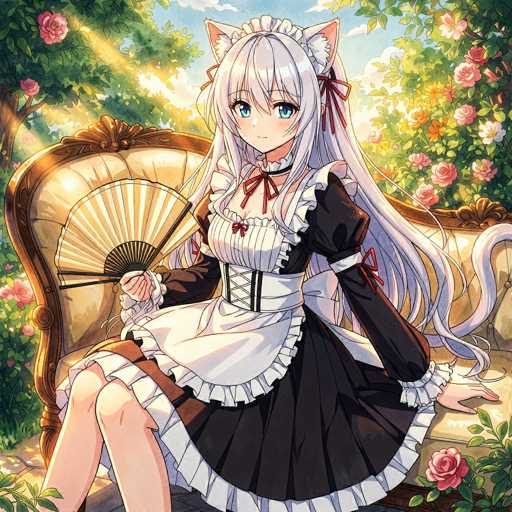 The image depicts a detailed drawing of an anime-style cat girl seated on a luxurious, cushioned bench. The bench features a gold frame with intricate designs and is adorned with a light brown cushion. The cat girl has long, flowing white hair with bangs that partially cover her large, expressive blue eyes. She is dressed in a black maid outfit with white frills and accents, including a white apron and a corset-like tie around her waist. Her attire is complemented by red bows on her shoulders and a red bow tie at the neckline. She has pink cat ears with white fur inside and wears a black choker around her neck. In her right hand, she holds a delicate fan, and her legs are crossed as she sits. The background is filled with lush greenery, including trees and bushes, with sunlight filtering through the leaves, creating a serene and enchanting atmosphere.
