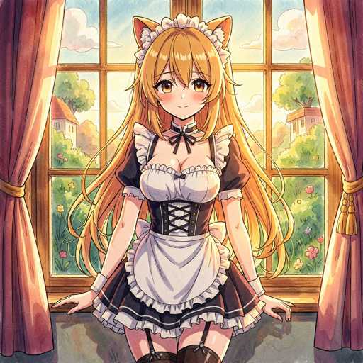 This detailed illustration depicts an anime-style maid character with long, flowing blonde hair adorned with cat ears. She is dressed in a traditional maid outfit, featuring a black and white ensemble with a corseted top and an apron. The character's attire is complemented by white gloves and thigh-high stockings, adding to her classic maid appearance. She stands in front of a large window, framed by pink curtains, gazing out with a serene expression. The window offers a picturesque view of a lush garden filled with vibrant flowers and greenery, with houses visible in the background. The scene is bathed in warm sunlight, casting a gentle glow on the maid's face and enhancing the tranquil atmosphere of the illustration.