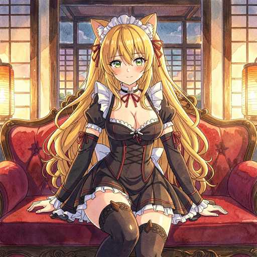 In this captivating image, we see an anime-style illustration of a young woman with long, flowing blonde hair adorned with cat ears. She is seated on a luxurious red velvet couch, exuding an air of elegance and charm. The woman is dressed in a striking maid outfit, predominantly black with intricate white frills accentuating the collar, sleeves, and hem of her dress. Her attire is complemented by black stockings, which feature delicate lace details at the top, adding a touch of sophistication to her ensemble. The scene is set in a cozy room with a window in the background, through which a serene blue sky dotted with fluffy white clouds can be seen, enhancing the tranquil and inviting atmosphere of the image.