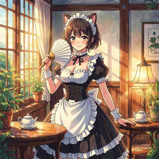 In this detailed anime-style illustration, a young woman stands in a cozy kitchen, bathed in natural light streaming through a large window on the left. The window, adorned with a white curtain, offers a view of lush green trees outside, enhancing the serene atmosphere. The woman, with short brown hair and pink cat ears, wears a traditional maid outfit featuring a black dress with white frills and an apron. A black choker with a bow accentuates her neck, and a corset cinches her waist. She holds a white fan with a brown handle in her right hand, while her left hand rests on a nearby table. This table, along with another positioned behind her, each holds a teapot and a potted plant, adding to the homely ambiance. The kitchen's wooden elements, including the window frame and door, contribute to the warm and inviting setting.