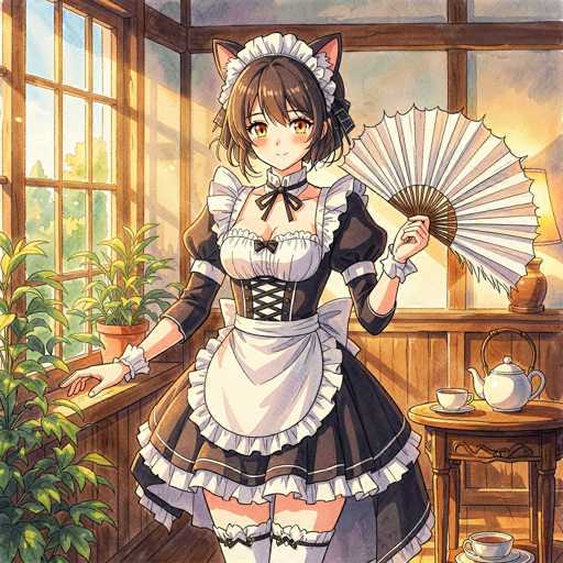 In this detailed anime-style illustration, a young woman stands in a room with a window to her left, through which lush green trees are visible. She is dressed in a traditional maid outfit, featuring a black and white ensemble. Her attire includes a black corset with white frills, a white apron, and a white collar. She has short brown hair adorned with pink cat ears, and her eyes are a striking yellow. In her left hand, she holds a white fan, while her right hand rests on the windowsill. To her right, a small wooden table holds a white teapot and two teacups, adding to the cozy atmosphere of the scene.