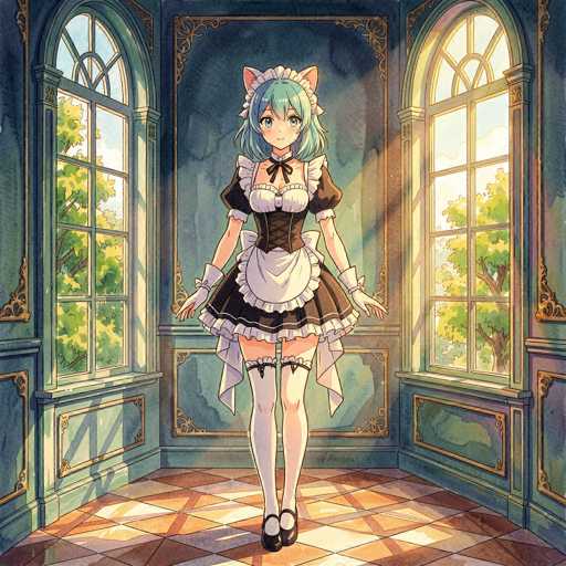 In this detailed anime-style illustration, a young woman stands gracefully in the center of a room, exuding an air of elegance and charm. She is dressed in a traditional maid outfit, featuring a black dress adorned with white frills and a white apron. Her attire is complemented by white gloves, black shoes, and long white stockings that extend up to her thighs. Her striking blue hair cascades down to her shoulders, and atop her head, she wears a white maid's hat with pink cat ears, adding a whimsical touch to her appearance.

The room itself is richly detailed, with blue walls and a floor patterned in brown and white tiles. Two large windows on either side of the room allow natural light to flood in, illuminating the space and casting a warm glow on the maid. Through the windows, one can see lush green trees outside, enhancing the serene and inviting atmosphere of the scene. The overall composition captures a moment of quiet elegance, blending traditional elements with a touch of fantasy.