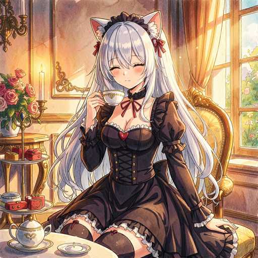 A charming anime-style illustration depicts a cute, long-haired white cat girl in a black Victorian-inspired dress, peacefully sipping tea. She sits on an ornate gold chair near a window with warm sunlight streaming in. The scene is filled with delicate details like lace, ribbons, and a floral arrangement on a table beside her. The overall style is soft and detailed, emphasizing a cozy, intimate atmosphere.