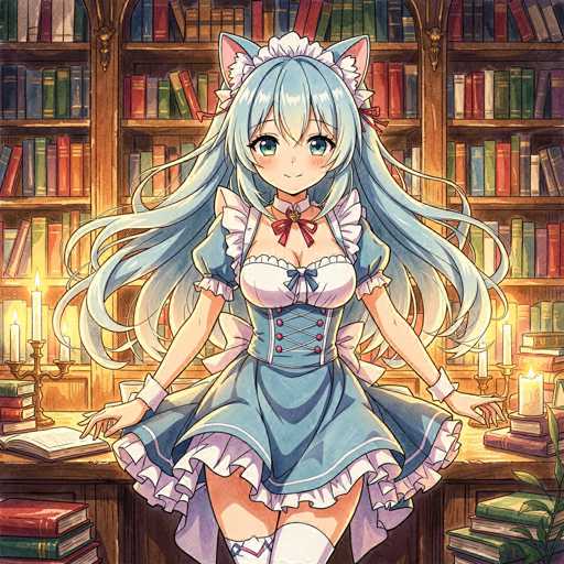 This detailed illustration features an anime-style girl with long, flowing blue hair adorned with a white flower. She is dressed in a charming maid outfit, complete with a blue and white dress that has a corset-like top, a white frilly collar, and a red bow tie. Her ensemble is complemented by white gloves, white socks, and blue knee-high stockings. The girl is seated on a wooden table in a library, surrounded by numerous books and candles that create a warm, inviting atmosphere. The scene is richly colored, with hues of blue, white, red, green, yellow, orange, and brown, adding to the overall cozy and enchanting feel of the image.