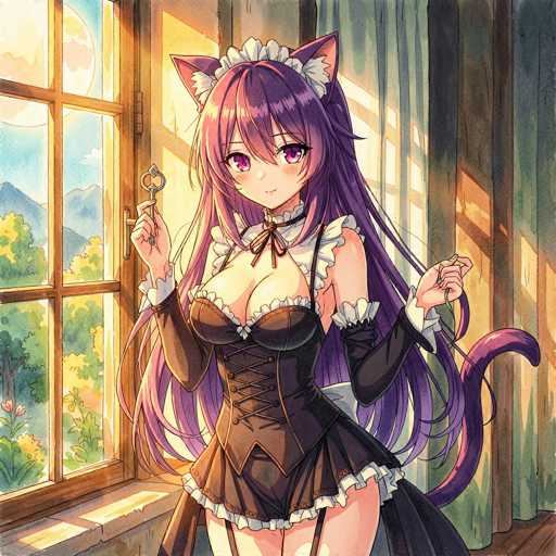 This detailed illustration features an anime-style cat girl with long, flowing purple hair and matching purple eyes. She is adorned with pink cat ears and a white frilly headband. Her attire is a revealing maid costume, predominantly brown with white frills around the shoulders, chest, and hem. The dress is low-cut, showcasing her cleavage, and includes a corset-like front with laces. She also wears black sleeves that extend to her elbows and thigh-high stockings. A purple tail extends from her back, adding to her feline appearance. The cat girl is holding a key in her right hand and is positioned in front of a large window with a brown frame. Through the window, one can see a picturesque view of trees, mountains, and a bright blue sky. The room she is in has green walls and a wooden floor, with sunlight streaming in, casting a warm glow on her and the window.