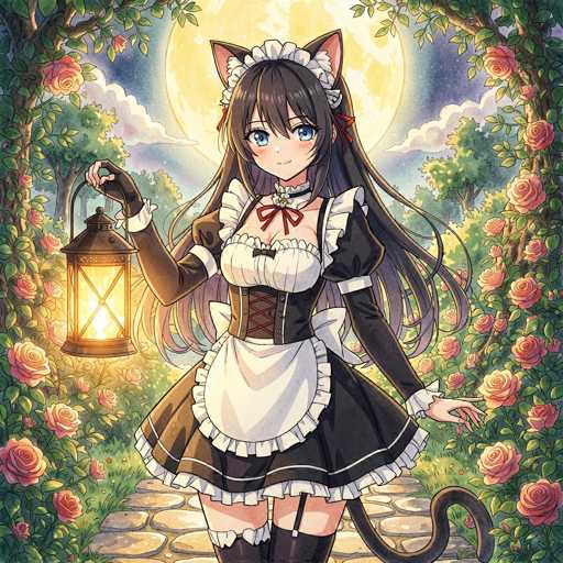 This detailed illustration features an anime-style cat girl dressed in a maid outfit. She has long, flowing black hair adorned with pink cat ears. Her striking blue eyes and delicate features are complemented by a black choker with a red bow tie. She wears a traditional maid dress with a white collar, a white apron, and a corset that ties up the front. Her ensemble is completed with black gloves, black thigh-high stockings, and a black tail that extends from her back. In her right hand, she holds a lantern, casting a warm glow around her. The scene is set at night under a large, luminous moon, with a stone path leading through a lush garden filled with pink roses. The background is a serene night sky dotted with stars, enhancing the enchanting and whimsical atmosphere of the illustration.
