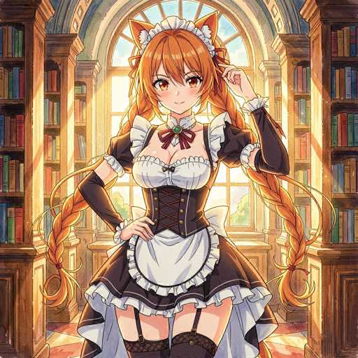 This detailed illustration features an anime-style girl with long, orange hair styled into two braids that cascade down to her knees. She is dressed in a traditional maid outfit, predominantly black with white accents. The ensemble includes a black corset with gold buttons, a white apron, and black garters. Her attire is complemented by black gloves that extend to her elbows and a red bow tie at her neck. She also sports orange cat ears, adding a whimsical touch to her appearance. The girl is standing in a well-lit library, surrounded by bookshelves filled with books. Behind her, a large arched window allows sunlight to stream in, illuminating the scene. The floor beneath her is a rich red color, adding warmth to the overall setting.
