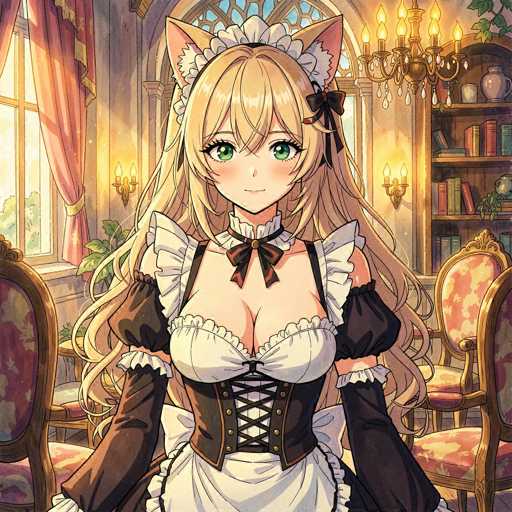 A charming anime-style illustration features a young, blonde girl in a maid outfit. She has large, expressive green eyes and wears cat ears. The background is warm and detailed, with a window, bookshelves, and ornate furniture suggesting an elegant setting. The overall style is soft and detailed, emphasizing a gentle and inviting atmosphere.