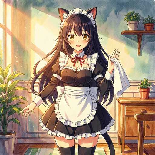 In this detailed anime-style illustration, a young woman stands in a room bathed in natural light streaming through a large window on the left. She is dressed in a traditional maid outfit, complete with a white apron, a black dress, and a red bow tie at the neckline. Her long brown hair cascades down her back, and she has striking yellow eyes. Adding a whimsical touch, she sports cat ears atop her head and a black tail that extends from her back. She holds a white towel in her left hand, while her right hand is extended outward. The room features a green rug on the wooden floor, and a potted plant sits on the windowsill. To her right, a desk with a potted plant on top stands against the wall, which is adorned with a shelf holding two more potted plants. The overall scene exudes a cozy and charming atmosphere.