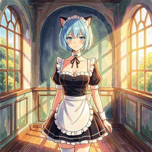 In this detailed anime-style illustration, a young woman stands in the center of a room, exuding a blend of elegance and whimsy. She is dressed in a traditional maid outfit, featuring a black dress adorned with white frills at the neckline and hem. The dress is complemented by a white apron and white gloves, adding to her classic maid appearance. Her striking blue eyes and short bob haircut, which frames her face, are accentuated by her vibrant blue hair. Adding a playful touch to her ensemble, she sports cat ears on her head. The room around her is softly lit by sunlight streaming through two large windows on either side, casting a warm glow on the wooden floor. The walls are painted a soothing green, enhancing the room's serene atmosphere. The overall composition captures a moment of quiet elegance, with the young maid poised gracefully in her sunlit domain.