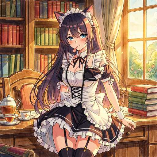In this detailed anime-style illustration, a young woman is depicted sitting on a wooden desk in a cozy, well-lit room. She is dressed in a traditional maid outfit, complete with a white and black ensemble that includes a corset, a short skirt, and thigh-high stockings. Her long, dark hair cascades down her shoulders, and she has striking blue eyes. The woman is holding a spoon in her mouth, adding a playful touch to her demeanor. 

The room around her is filled with warm, inviting details. Behind her, a bookshelf is neatly lined with books, and a window to her right allows natural light to flood the space. The window is adorned with a curtain tied back with a rope, revealing a view of lush green trees and vibrant flowers outside. On the desk, a teapot and teacup are placed near a stack of books, suggesting a serene and comfortable atmosphere. The overall scene is rich in detail, capturing a moment of quiet repose in a charming, domestic setting.