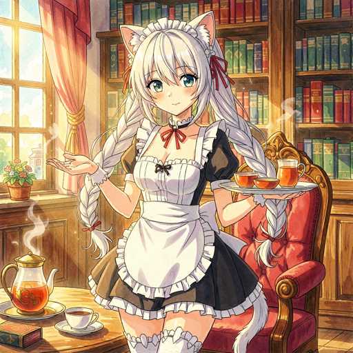 In this detailed anime-style illustration, a young woman with long, braided white hair adorned with pink bows stands in a cozy, sunlit room. She wears a black dress with white frills and an apron, complemented by white socks. Her large blue eyes and pink cheeks give her a cheerful expression as she holds a tray with three steaming cups of tea. The room features a window with red curtains tied back, allowing sunlight to stream in and illuminate the scene. A red chair with a wooden frame sits nearby, and a book rests on a table beside her. The background is filled with a bookshelf brimming with books, adding to the warm and inviting atmosphere.