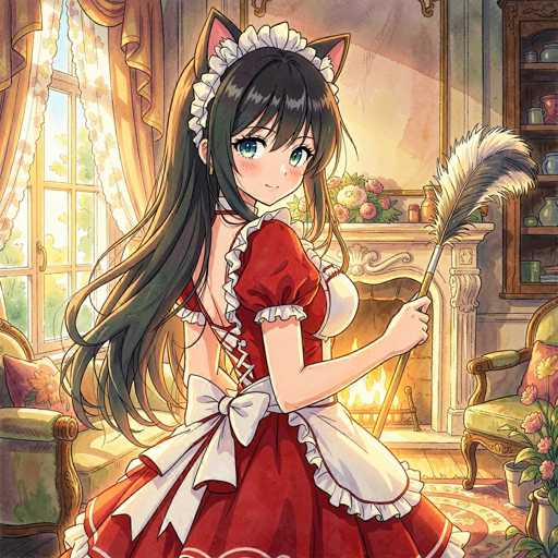 The image features a young anime girl with long, flowing black hair and large, expressive green eyes. She's dressed in a red maid outfit with a white apron, sitting comfortably in an ornate armchair. A warm fireplace glows behind her, and she holds a feather duster with a gentle smile. The overall art style is detailed and soft, emphasizing a cozy, intimate atmosphere.