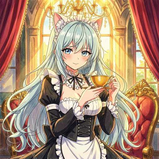 The image features an anime-style drawing of a young woman with long, wavy, light blue hair that cascades down to her waist. She has striking blue eyes and is adorned with pink cat ears that protrude from the top of her head. Her attire is a detailed maid outfit, predominantly black with white accents, including a white collar, white cuffs, and a white apron. A black bow tie is tied at her neck, and a corset cinches her waist. She is seated on a grand, red throne-like chair with gold trim, which is positioned in front of a large, arched window. The window is framed by red curtains with gold tassels, and sunlight streams through, casting a warm glow on the scene. The young woman is holding a golden teacup and saucer in her hands, adding to the elegant and regal atmosphere of the image.