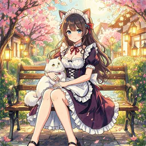 In this captivating anime-style illustration, a young woman is seated on a park bench, cradling a white cat in her lap. She is adorned in a striking purple maid outfit, complete with a white apron and a corset that accentuates her figure. Her long brown hair cascades down her back, and she sports a pair of cat ears, adding a whimsical touch to her appearance. The scene is set in a serene park, with cherry blossom trees in full bloom behind her, their delicate petals gently falling around her. The bench is positioned on a stone walkway, and in the background, a tranquil river meanders through the park, bordered by lush greenery and additional cherry blossom trees. The overall atmosphere is one of peaceful solitude, with the young woman and her feline companion enjoying a quiet moment in this picturesque setting.