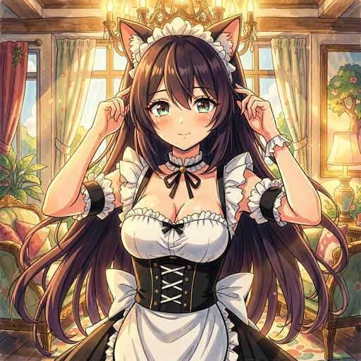 This detailed illustration features an anime-style female character with long, flowing brown hair adorned with cat ears. She is dressed in a traditional maid outfit, complete with a white apron and a corset-like top. The character's large, expressive eyes are a striking greenish-blue, and she has a small, delicate smile on her face. Her hands are raised to her ears, as if she is listening intently to something. The background depicts a cozy room with a chandelier hanging from the ceiling, a window with curtains, and a lamp on a table. The scene is further enriched by the presence of a plant and a chair, adding to the warm and inviting atmosphere.
