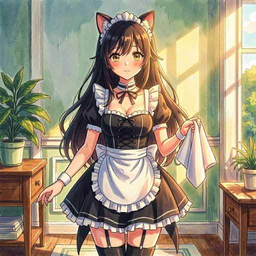 The image features a detailed drawing of an anime-style girl dressed in a maid outfit. She has long, dark brown hair adorned with cat ears, and her large, expressive eyes are a striking yellow. Her attire includes a black dress with white frills and a white apron, complemented by a black corset laced up the front. She is also wearing thigh-high stockings, adding to her maid appearance. The girl is holding a white cloth in her left hand, suggesting she might be in the act of cleaning. The background is a room with green walls and a window on the right side, through which sunlight streams, illuminating the scene. To the left of the girl, there is a small table with a green plant, and to the right, another table with a smaller plant. The floor is wooden, and a white rug is placed beneath her feet. The overall setting is bright and well-lit, enhancing the vividness of the colors in the image.