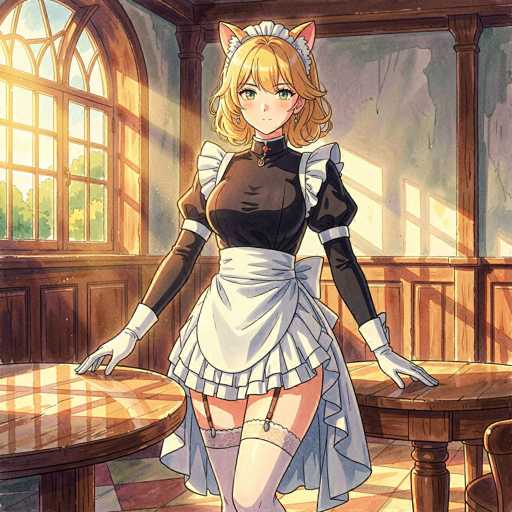 The image depicts a detailed illustration of an anime-style maid character standing in a room. The maid is dressed in a traditional black and white maid outfit, complete with a white apron, white gloves, and a white cap adorned with pink cat ears. Her attire includes a black dress with white frills on the sleeves and collar, and she has white stockings with lace tops. The character has blonde hair, green eyes, and is wearing earrings. She is positioned between two wooden tables, with her hands resting on them. The room features a checkered floor with red, white, and blue tiles, and the walls are a mix of gray and brown wood paneling. A large window with an arch at the top is visible on the left side of the image, through which sunlight streams, illuminating the scene. The overall setting is bright and clear, with the sunlight adding a warm glow to the room.