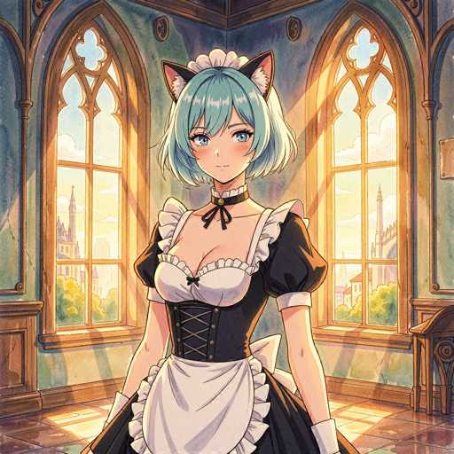 In this detailed anime-style illustration, a young woman stands in the corner of a room, bathed in sunlight streaming through two large, arched windows. The room features a wooden floor and walls painted in a light blue hue, with the windows framed in wood. Outside, the bright sky and green trees are visible, along with distant buildings that resemble castles.

The woman has striking blue eyes and short, chin-length hair that is a blend of light blue and white. She wears a black choker adorned with a gold button and a small black bow. Her attire includes a black dress with puffy sleeves and a corset-like front, complemented by a white frilly collar. Over her dress, she dons a white apron with ruffles at the bottom. Her hands are covered by white gloves, and atop her head, she sports black cat ears with pink interiors and white fur.

The sunlight illuminates her face and casts a warm glow on the floor behind her, highlighting the intricate details of her outfit and the serene ambiance of the room.