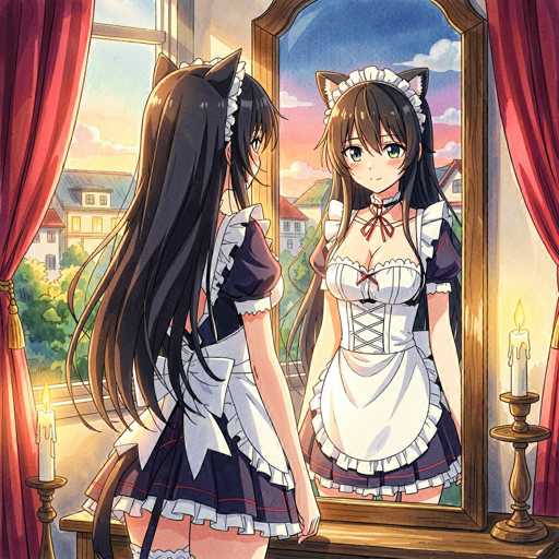 The image features a young anime girl with long black hair and cat ears, dressed in a white maid outfit with a dark blue apron. She's positioned in front of a large, ornate mirror, her reflection mirroring the same outfit and pose. The background shows a window with red curtains and a view of a quaint townscape, bathed in warm sunlight. The art style is typical of anime, with detailed hair, expressive eyes, and soft lighting, creating a charming and slightly whimsical atmosphere.