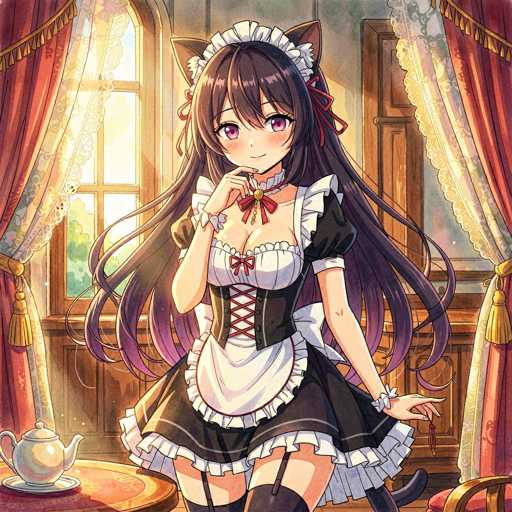 This detailed illustration depicts an anime-style female character standing in a room. She is dressed in a maid outfit, featuring a black and white ensemble. The top part of her dress is black with white frills, and the bottom part is white. A red bow adorns the front of her dress, complemented by a corset with red laces. She wears black stockings and has a white apron over her dress. Her long, dark brown hair cascades down to her waist, and she has cat ears on either side of her head. Her eyes are a striking purple, and she has a slight smile on her face. 

The character is positioned in front of a window with red curtains, through which sunlight streams, illuminating the room. To her left, there is a small table with a teapot placed on it. The room's walls are white, and a brown door is visible to the right of the window. The overall scene is warm and inviting, with the sunlight adding a touch of brightness to the cozy setting.