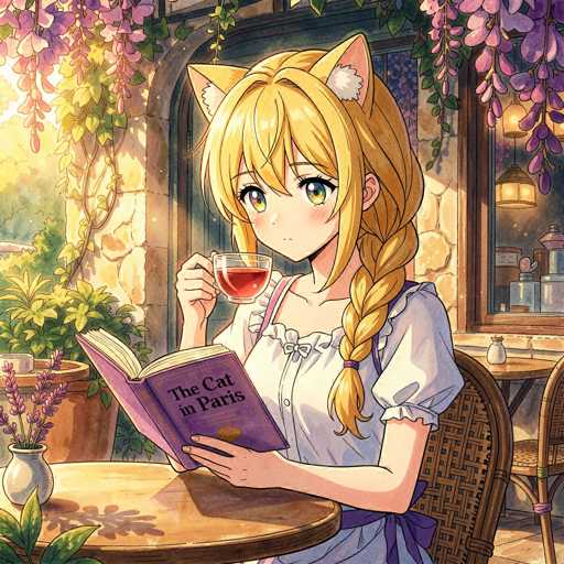 In this vibrant and detailed anime-style illustration, a young girl with long blonde hair styled in a braid sits at a round wooden table, deeply engrossed in her reading. She holds a purple book titled "The Cat in Paris" in her left hand, while a clear glass teacup filled with red tea rests in her right. The girl is adorned in a white dress with short sleeves, accented by a purple bow at the back. Adding a whimsical touch to her appearance, she wears cat ears on her head. The setting around her is lush and inviting, with a potted plant featuring purple flowers in the bottom left corner and a hanging plant with pink flowers in the top right. The background reveals a stone building with an archway, through which a window with a wooden frame can be seen, adding depth and context to the charming scene.