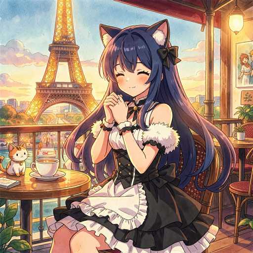 In this captivating anime-style illustration, a young girl with long, flowing black hair adorned with cat ears sits at a small table, her eyes closed in a serene expression. She wears a black and white dress featuring a corset-like top, and her hands are clasped together in front of her. The table in front of her holds a white teacup and saucer, with a small cat perched on the saucer, gazing directly at the viewer. The scene is set on a balcony, offering a picturesque view of the Eiffel Tower in the background. The sky is painted in warm hues of yellow and orange, suggesting either a sunrise or sunset, with clouds scattered across it. Below the balcony, a road is visible, dotted with cars and trucks, adding a touch of urban life to the tranquil moment.