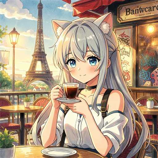 A cute anime girl with long silver hair and cat ears, wearing a white shirt and black choker, is sitting at a table in a Parisian cafe. She's holding a cup of coffee and looking happily at the viewer. The background shows the Eiffel Tower, a sunny sky, and other cafe details like red chairs and tables. The overall style is vibrant and detailed, with a focus on soft lighting and warm colors.