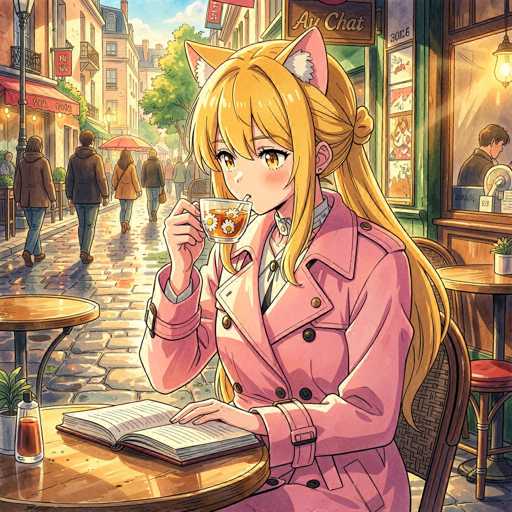 In this vibrant anime-style illustration, a young woman with long blonde hair and pink cat ears sits at a round wooden table in a quaint European-style café. She is dressed in a pink trench coat and sips from a clear glass teacup adorned with white daisies, filled with a brown liquid. Her left hand rests on an open book in front of her, while a small plant and a bottle of sauce sit on the table. The café's interior features a green wall with a window showcasing a man working behind the counter. Outside, cobblestone streets are lined with people walking, some carrying umbrellas, and buildings with awnings and balconies. Trees and a clear blue sky complete the charming scene.