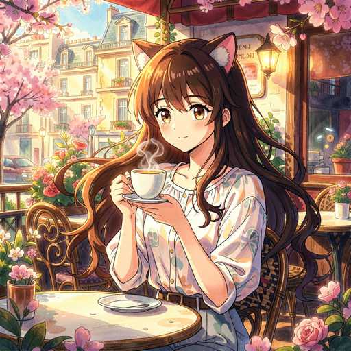 In this captivating anime-style illustration, a young woman with long, flowing brown hair adorned with cat ears sits gracefully on a wooden chair at a quaint outdoor café. She is dressed in a charming white blouse decorated with colorful floral patterns and paired with a brown belt. The woman holds a white teacup filled with steaming coffee, her gaze directed towards the left side of the image. Surrounding her are vibrant pink flowers, adding a touch of natural beauty to the scene. The café's setting is charming, with a red awning providing shade and a wooden door leading into the building. In the background, a row of four-story buildings with balconies and windows can be seen, along with a tree on the left side of the image. The overall atmosphere is serene and picturesque, capturing a moment of quiet contemplation.