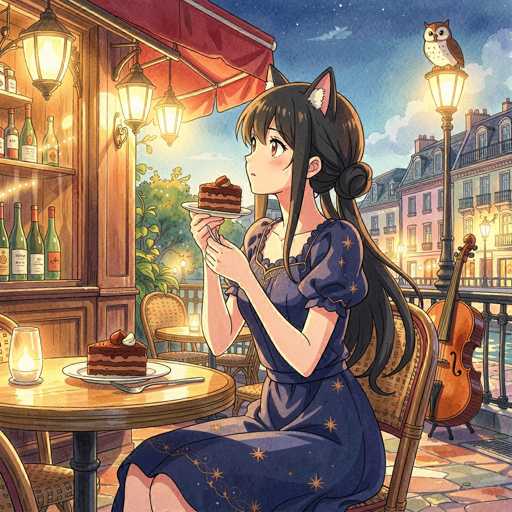 A young anime girl with black hair and cat ears sits at a table in a cozy cafe, enjoying a slice of chocolate cake. She's wearing a dark blue dress with gold star details and holding the cake with both hands, looking up with a happy expression. The cafe is warmly lit with soft lighting from hanging lanterns and a candle on the table, creating a romantic atmosphere. The background shows a charming Parisian street scene with buildings and a violin leaning against the table, suggesting a peaceful evening.