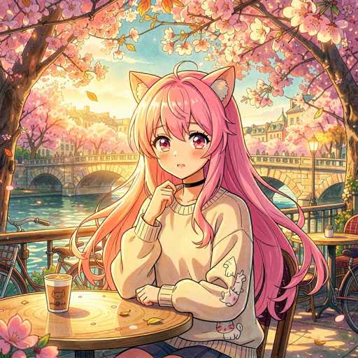 In this captivating anime-style illustration, a young girl with long pink hair and cat-like ears sits at a round table, her expression a mix of curiosity and contemplation. She is dressed in a cozy white sweater adorned with playful cat illustrations, and a black choker necklace adds a touch of elegance to her ensemble. The table is set with a cup of coffee, suggesting a moment of quiet reflection or perhaps a shared conversation. Surrounding her, the scene is bathed in the soft, golden light of a setting sun, casting a warm glow over the entire setting. In the background, a charming stone bridge arches over a serene river, with a bicycle leaning against its railing, adding a touch of everyday life to the picturesque landscape. The overall atmosphere is one of tranquility and enchantment, beautifully capturing a moment of serene beauty in an anime-inspired world.