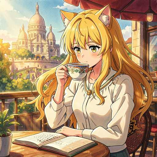 In this vibrant anime-style illustration, a young girl with long blonde hair adorned with cat ears sits on a balcony, enjoying a cup of tea. She is dressed in a white shirt and holds a teacup in her right hand, while her left hand rests on an open book placed on a wooden table in front of her. The balcony features a wooden railing, and to her left, a small potted plant adds a touch of greenery to the scene. The background reveals a picturesque cityscape with a grand, ornate building that resembles a church or castle, complete with a dome and a cross atop it. A bridge spans a river in front of this majestic structure, with people strolling along the pathway. The sky above is a clear blue with a few scattered clouds, and sunlight beams down from the top left corner, casting a warm glow over the entire scene.