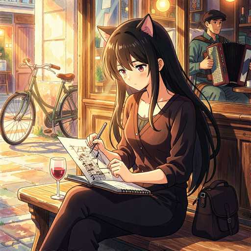 A young anime girl with long, dark hair and cat ears is sitting on a wooden bench in a cozy cafe. She's wearing a brown sweater and dark pants, and she's intently sketching in a notebook with a pencil. A glass of red wine sits on the table next to her, and a brown backpack rests beside her. In the background, another person is playing an accordion in a dimly lit corner of the cafe. The scene is bathed in warm, soft light, creating a peaceful and inviting atmosphere.