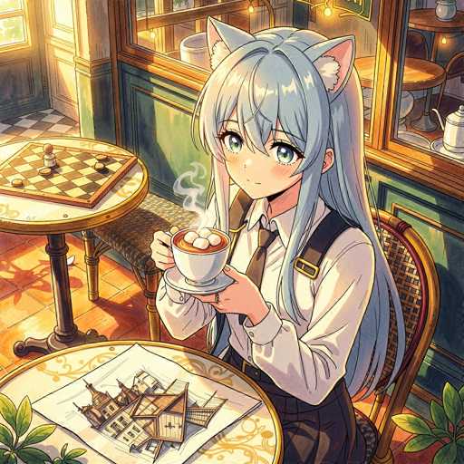A cute anime girl with long, light blue hair and cat ears is sitting at a table in a cozy cafe. She's wearing a white collared shirt, a dark vest, and a tie, holding a steaming cup of coffee with a gentle smile. She's looking down at a table with a detailed architectural drawing, possibly planning a design project. The cafe has warm lighting and a vintage aesthetic with wooden furniture and window details.