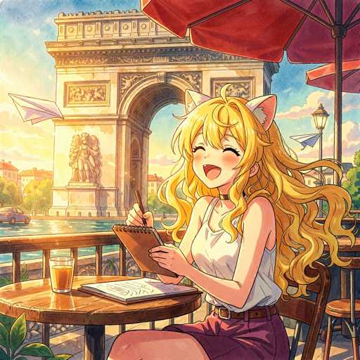 In this vibrant, cartoon-style image, a cheerful girl with long, curly blonde hair and cat ears is seated at a round wooden table, writing in a spiral notebook. She is dressed in a white tank top, a brown belt, and a pink skirt. A glass of orange juice sits beside her on the table. The scene is set outdoors, with a wooden fence and a railing behind her. Beyond the railing, a picturesque view unfolds, featuring a road with a car, a body of water, and a grand stone archway adorned with intricate carvings and statues. The sky is a brilliant blue, dotted with fluffy white clouds, and the sunlight casts a warm glow over the entire scene. Paper planes can be seen flying in the sky, adding to the playful atmosphere.