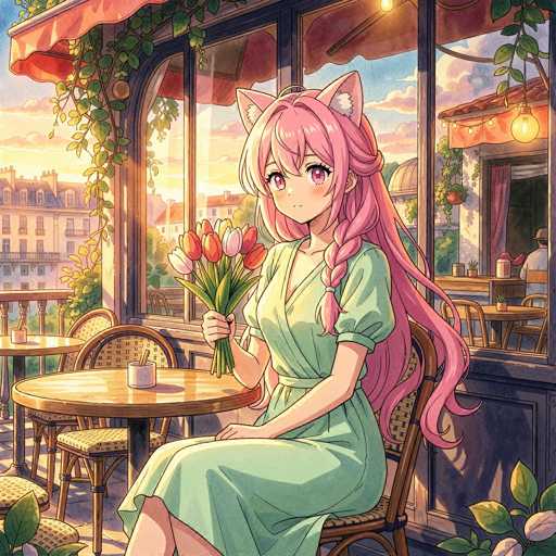 A cute anime girl with long, flowing pink hair and cat ears sits in a cozy cafe. She's wearing a light green dress and holding a bouquet of pink tulips. The cafe has large windows with a warm, golden light streaming in from the setting sun. Outside, we see a charming Parisian street scene with buildings and greenery. The overall style is soft and dreamy, with a focus on warm colors and gentle lighting.