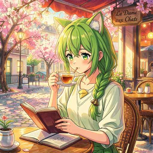 In this vibrant and detailed anime-style illustration, a young girl with striking green hair styled in a braid that drapes over her left shoulder is depicted sitting at a round wooden table in an outdoor café. She has large, expressive green eyes and is adorned with green cat ears, adding a whimsical touch to her appearance. Dressed in a white shirt with a yellow bow tie, she sips from a teacup while holding a book in her other hand. The café setting is charming, with a red awning overhead and a sign that reads "La Dame aux Chats" in the top right corner. Surrounding her are other tables and chairs, some occupied by patrons, and a potted plant sits on the table in front of her. The background features a picturesque street lined with trees in full bloom, their pink and white blossoms creating a beautiful canopy. A yellow street lamp and a building with a green door add to the quaint, serene atmosphere of the scene.