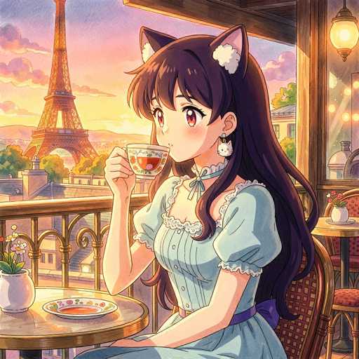In this vibrant anime-style illustration, a young woman with long, flowing brown hair adorned with cat ears sits gracefully on a balcony. She is dressed in a charming blue dress, complemented by a delicate blue ribbon tied around her neck. The scene captures her enjoying a serene moment as she sips from a teacup filled with a rich brown liquid, presumably tea. The teacup rests on a matching blue saucer, which sits atop a round table. Adding a touch of nature to the setting, a small potted plant with white flowers is placed on the table. The balcony itself features a wooden railing, and beyond it, the iconic Eiffel Tower stands tall against a stunning sunset sky. The sky is awash with a gradient of colors, transitioning from a warm yellow near the horizon to a soft pink, and finally to a deep blue at the top. The woman's eyes are a captivating brown, and she wears a subtle, almost imperceptible smile, exuding a sense of calm and contentment.